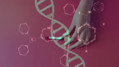 animación de estructuras químicas y cadenas de adn a mano con tubo de ensayo