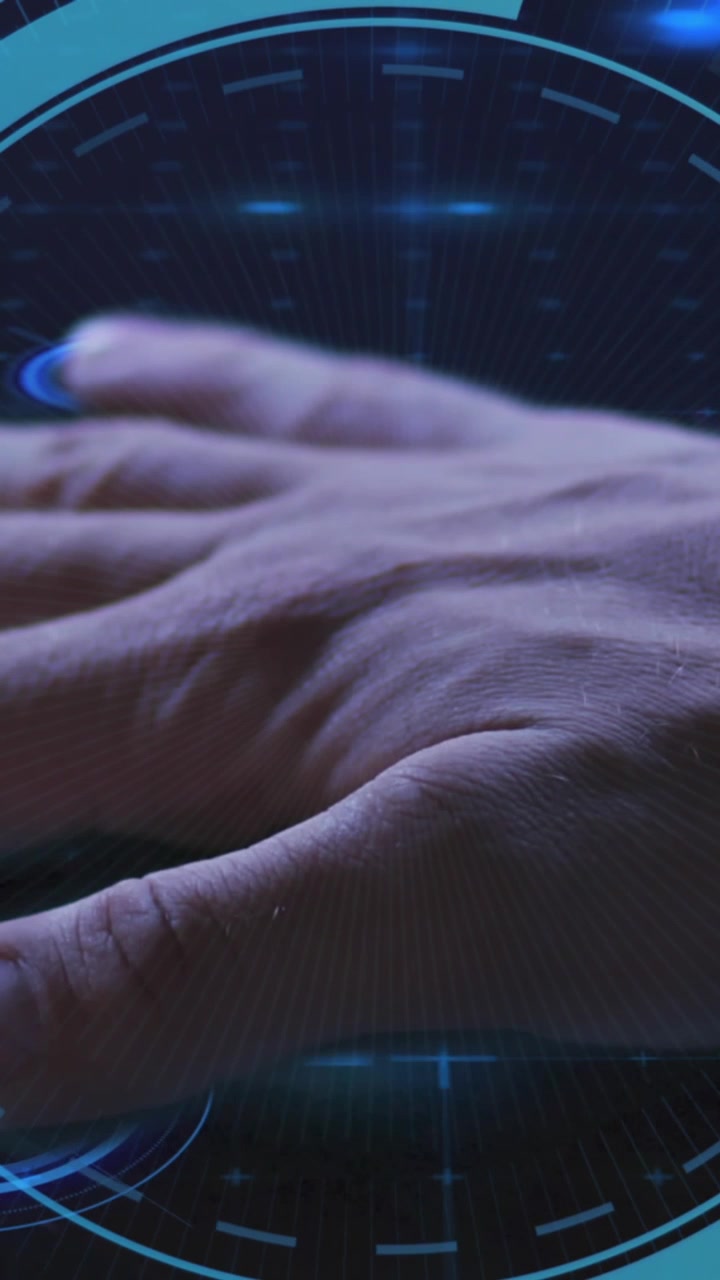 Animation of biometric hand check, scopes and data processing on dark background