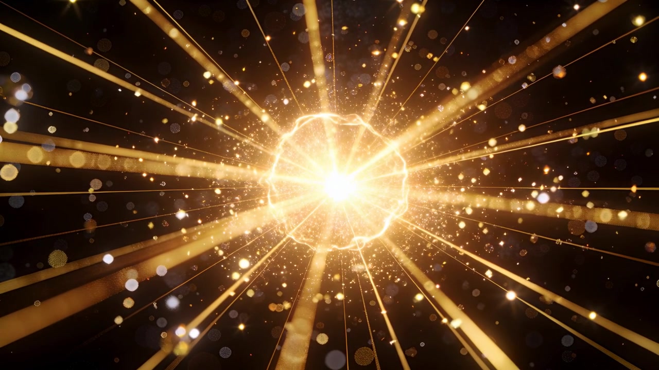 Nucleo bianco-oro che esplode e pulsa nel vuoto oscuro, emettendo raggi dorati radiali, con scintille bokeh e un alone.