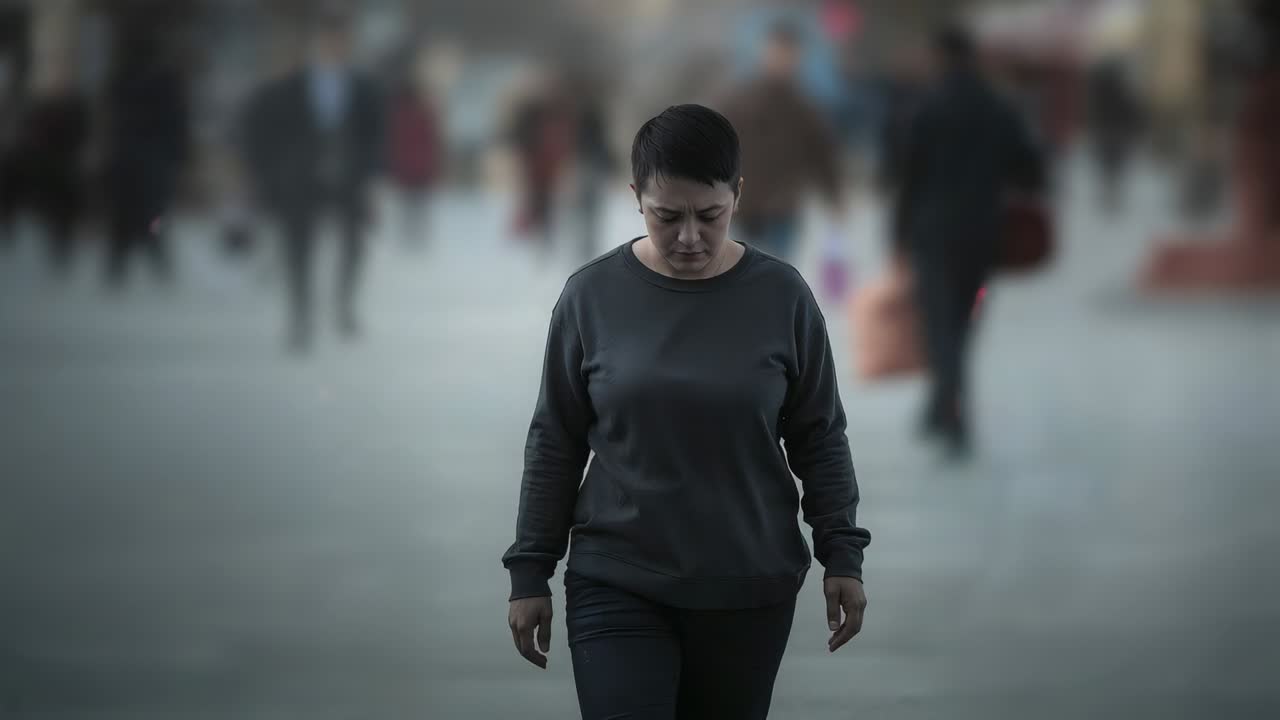 Walking adult woman in dark sweater and pants moving along wide urban plaza, passing blurred crowd
