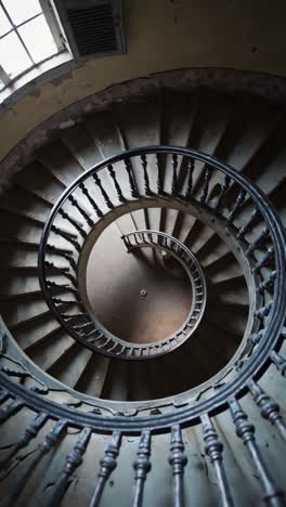 a view down an old, winding spiral staircase