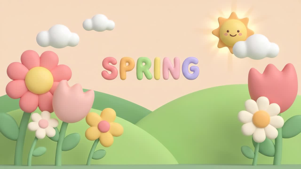 Cute 3D Cartoon Spring Landscape with Flowers and Smiling Sun