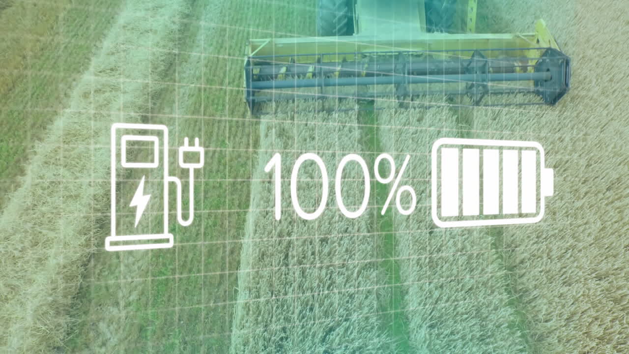 Combine harvester being shown cutting wheat field in aerial with grid overlay and Eco battery icons