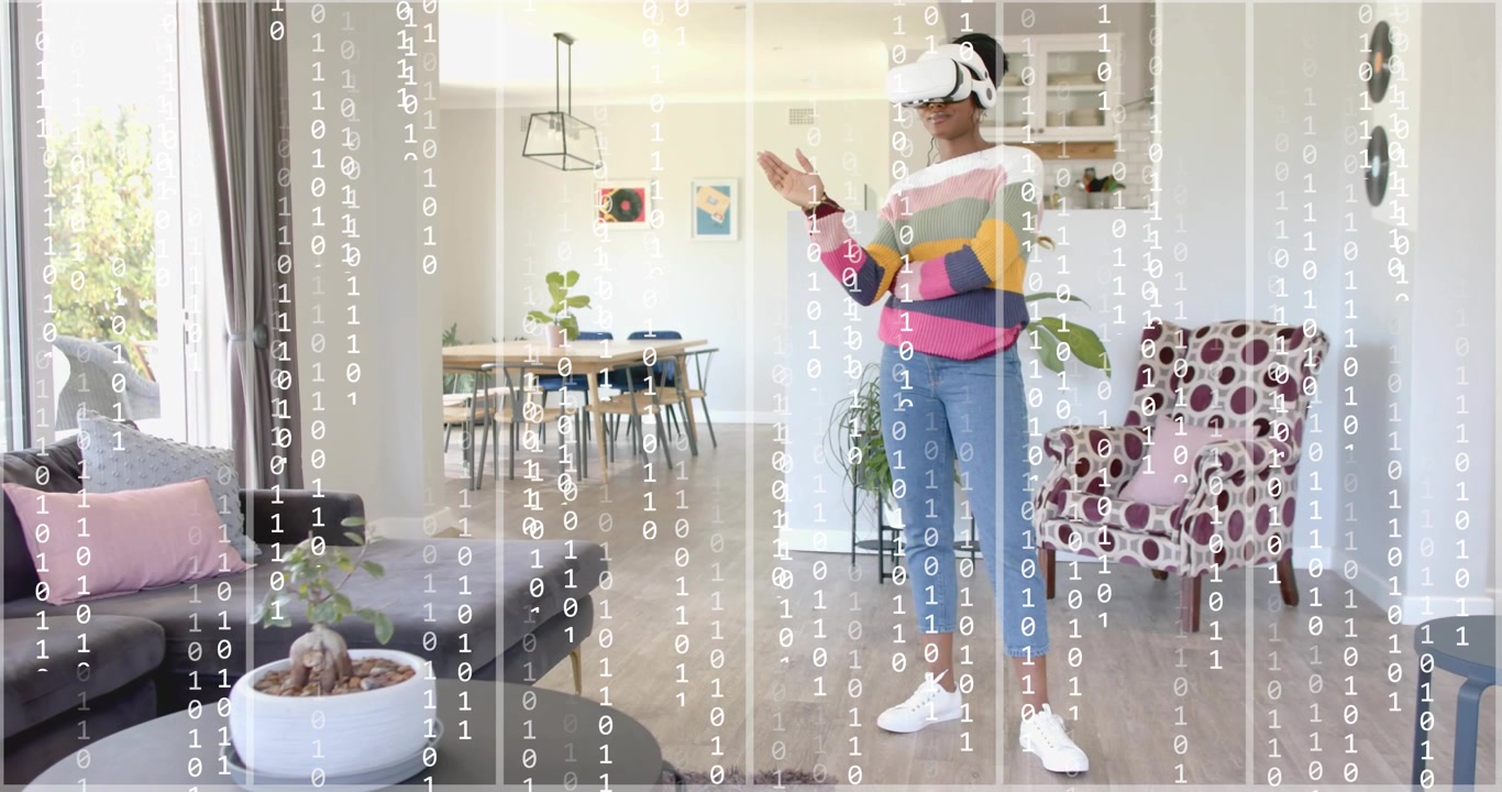 woman wearing VR headset holding controller initiating binary overlay while exploring technology UI