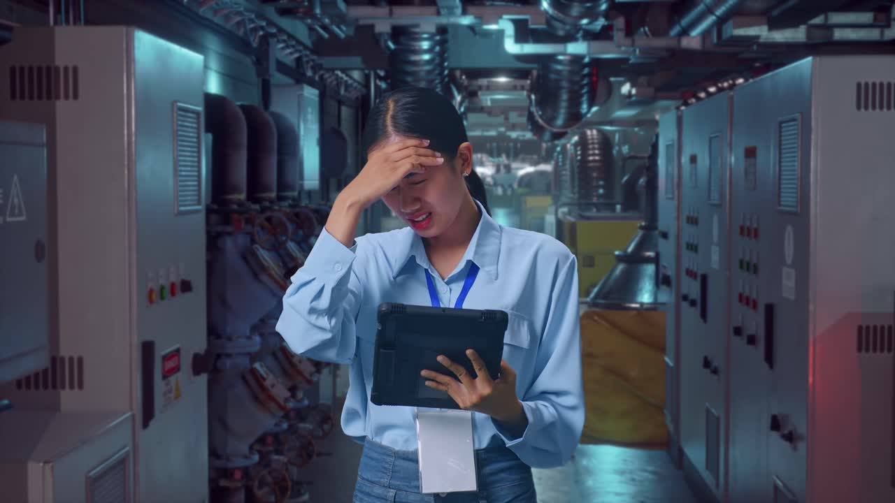 Asian Female Professional Worker Standing With Her Tablet In Engine Control Room, She Is Nodding Her Shead With Dissapionted