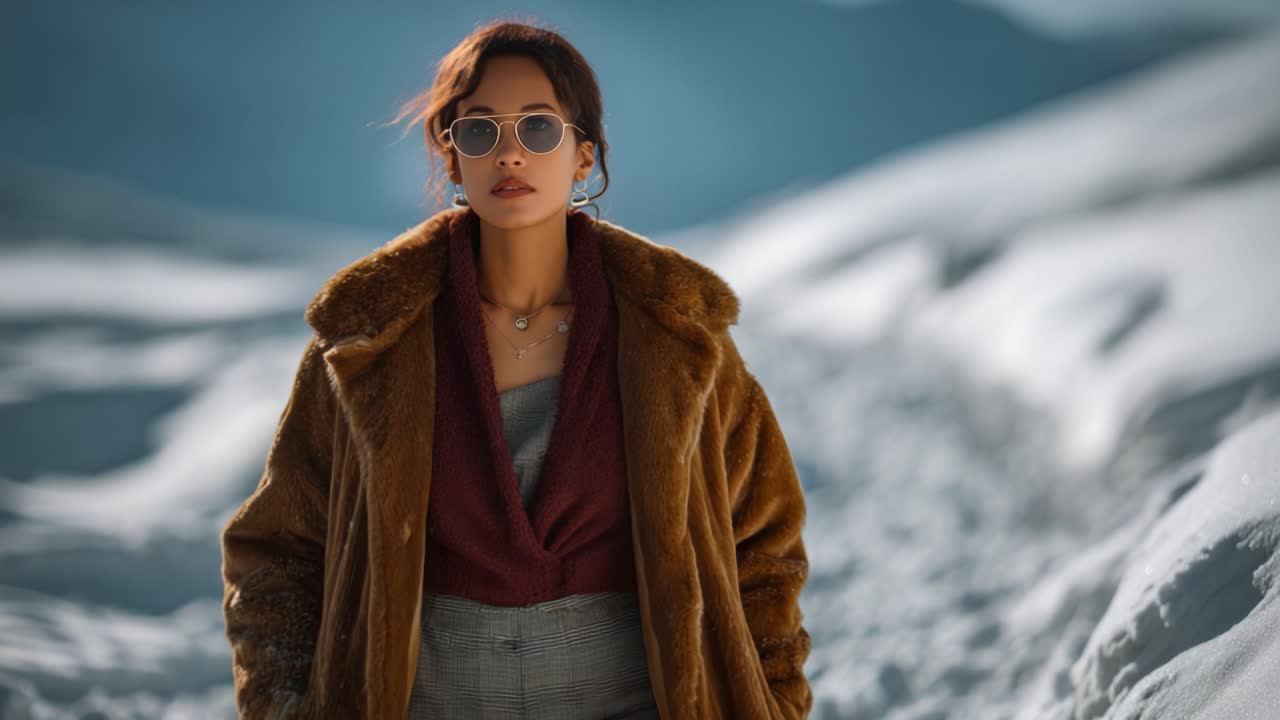 Chic Winter Fashion in the Snow: A Stylish Woman Dons a Luxurious Faux Fur Coat and Sunglasses Against a Stunning Winter Landscape