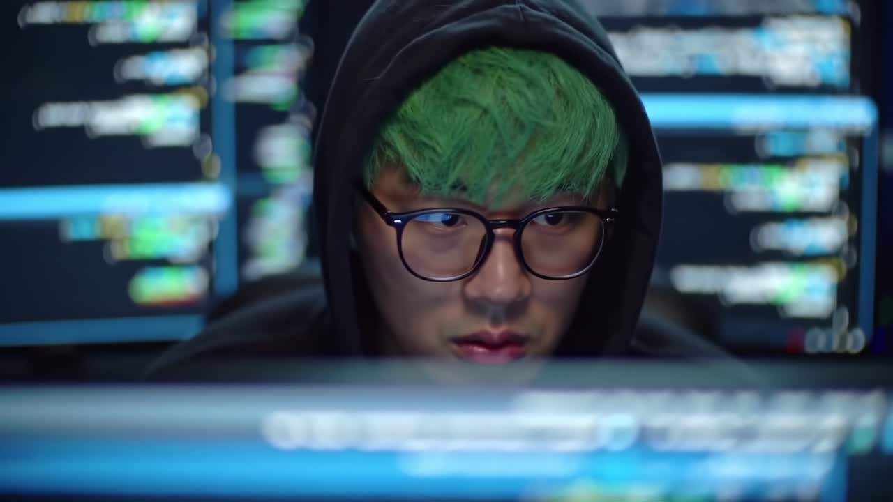 A focused programmer immersed in the digital realm, analyzing complex lines of code on multiple screens, showcasing the essence of modern technology and creativity