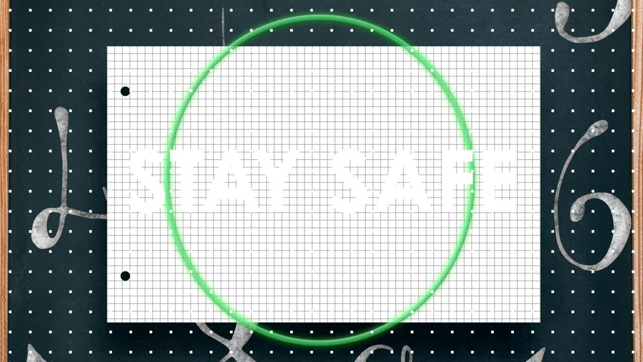 Green circle animation over grid background with STAY HOME text at bottom