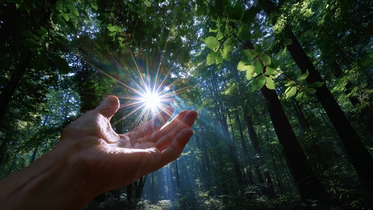 A Glimpse of Nature's Radiance: Capturing the Ethereal Light Through the Canopy of a Lush Forest as a Hand Reaches for the Sunbeams Illuminating the Serene Woodland Scene