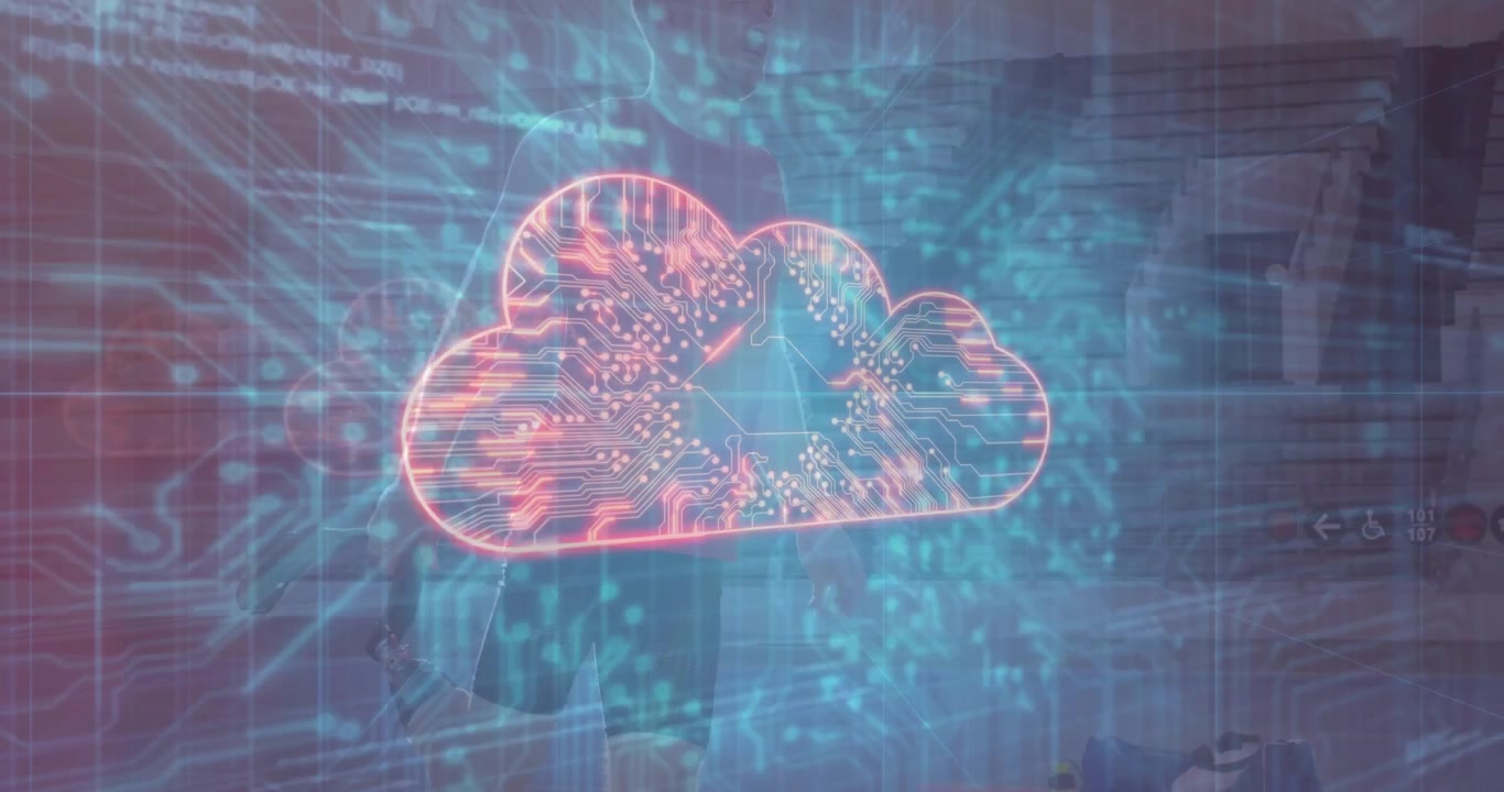 Male athlete picking jump rope in arena, jumping, Bitcoin and data streams converging on neon cloud