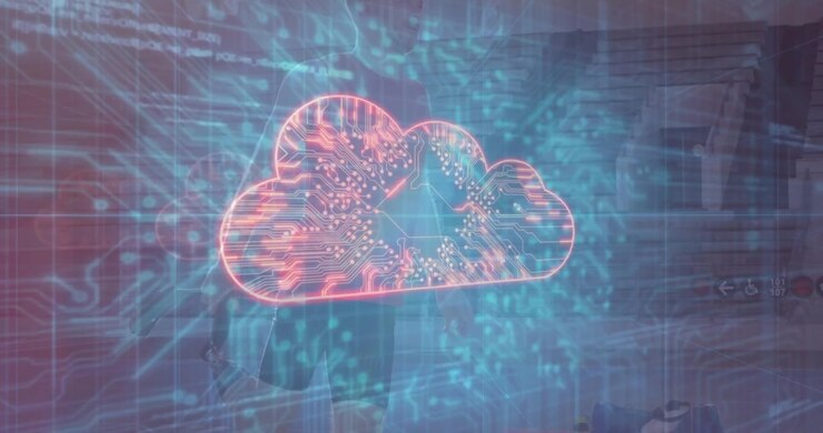 Male athlete picking jump rope in arena, jumping, Bitcoin and data streams converging on neon cloud