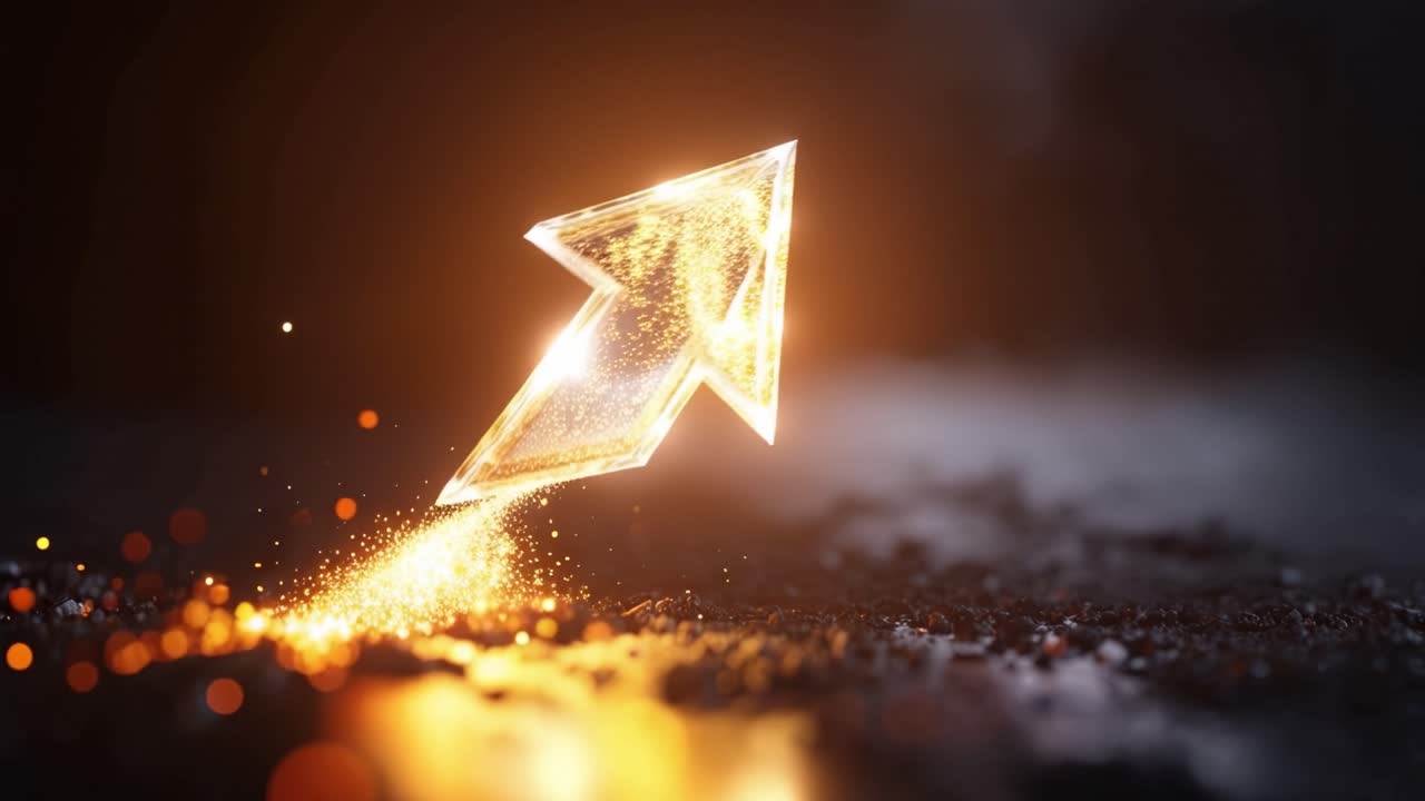 Freccia dorata ascende con particelle scintillanti. Superficie scura riflette scie luminose sotto. Le particelle turbinano in movimento, brillando caldamente. Concetto futuristico suggerisce progresso e crescita.