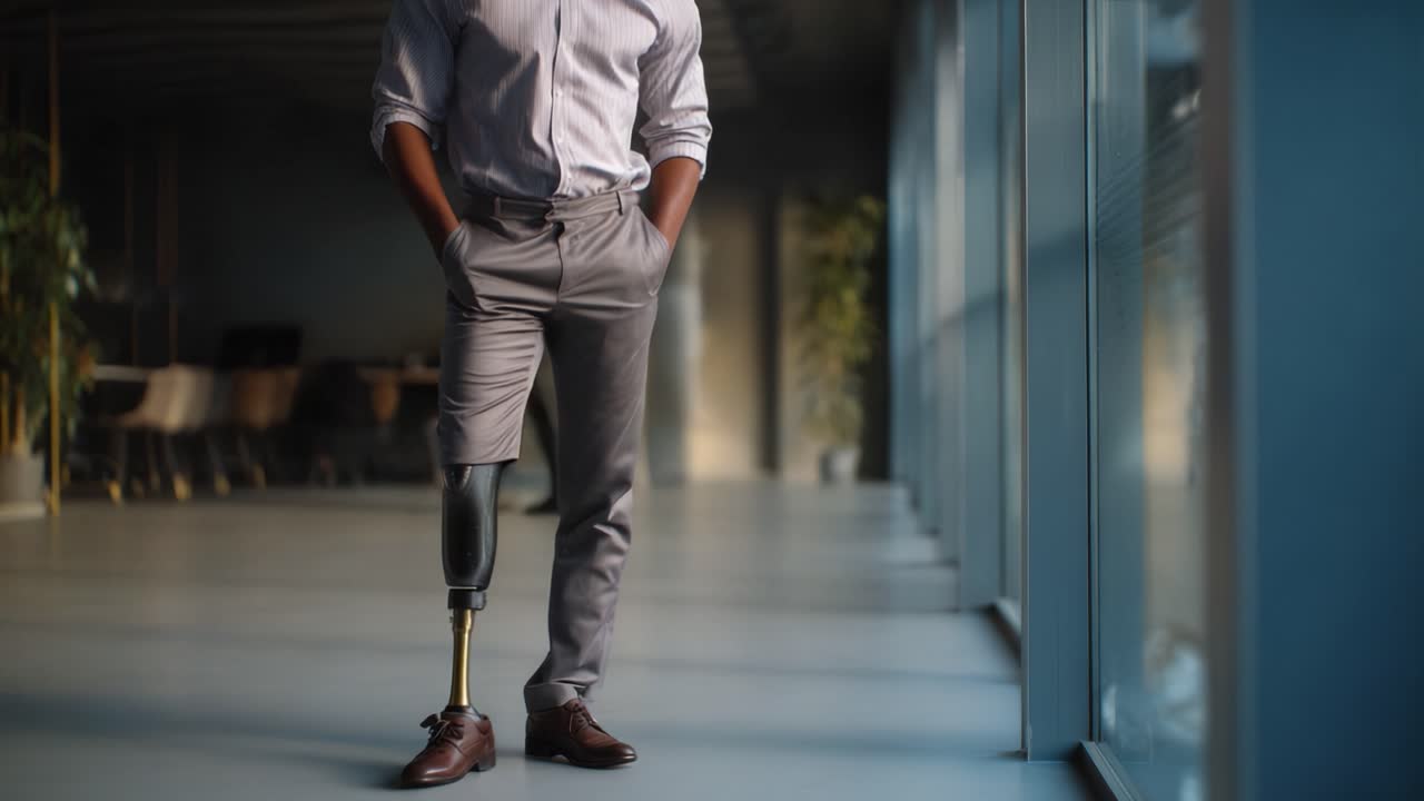 A Confident Individual in Smart Attire with a Prosthetic Leg, Showcasing Strength and Resilience in a Modern Office Environment