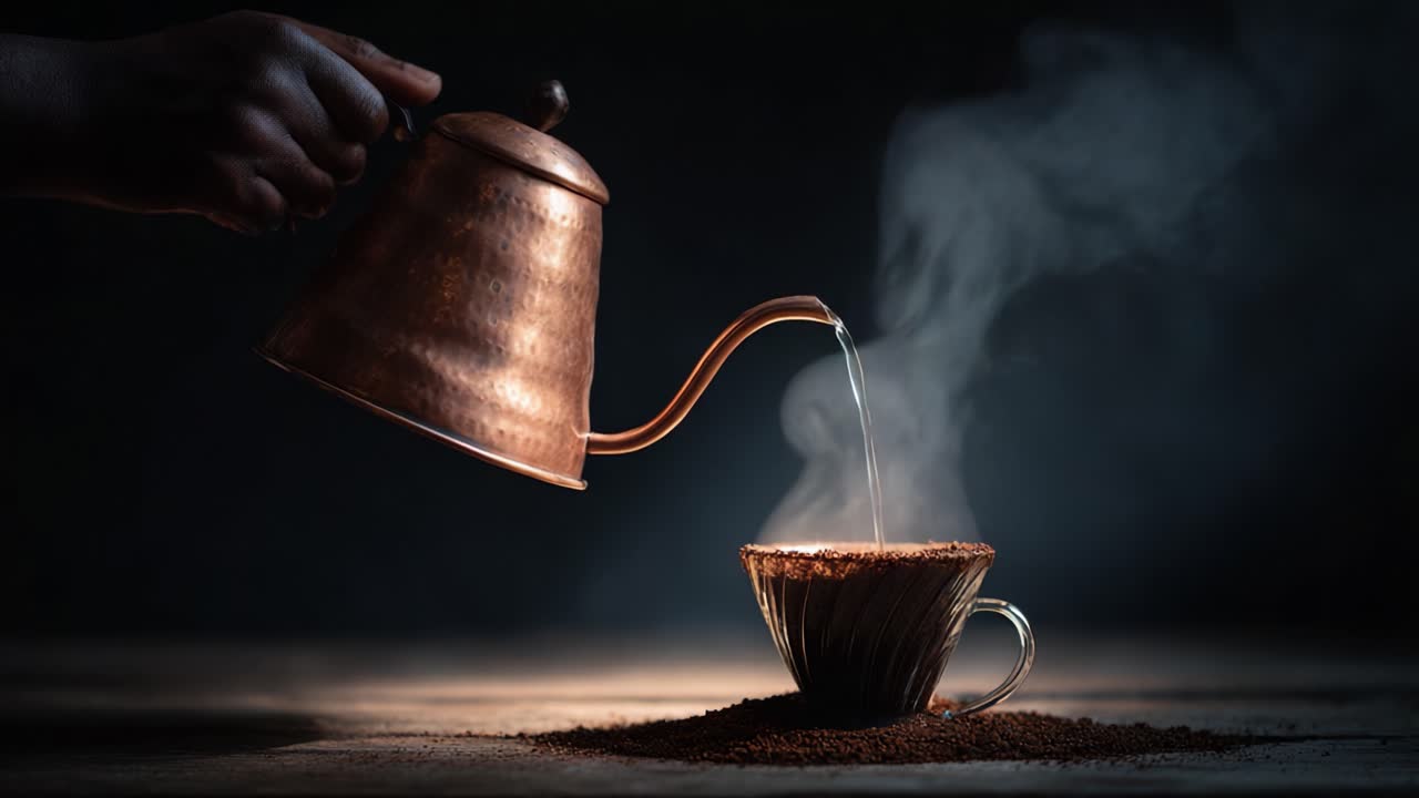 A Captivating Coffee Brewing Experience: Pouring Hot Water into a Beautifully Crafted Cup, Capturing the Steam and Rich Aroma of Freshly Brewed Coffee for a Perfect Morning Ritual