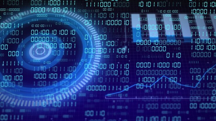 HUD che si illumina e scansiona, avviando flussi binari, barre che pulsano e tracciamento di forme d'onda, monitoraggio