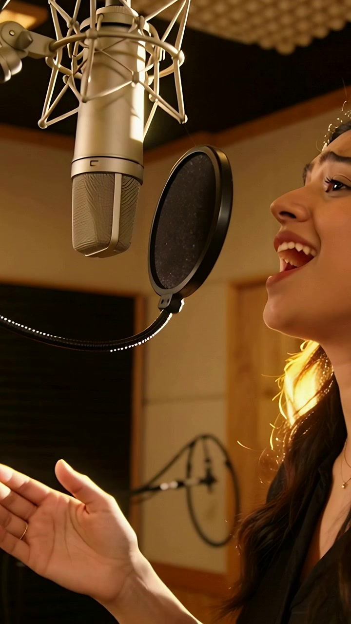 Video verticale: Cantante emergente in camicetta scura che canta verso un microfono a condensatore per una sessione, con spazio per il testo