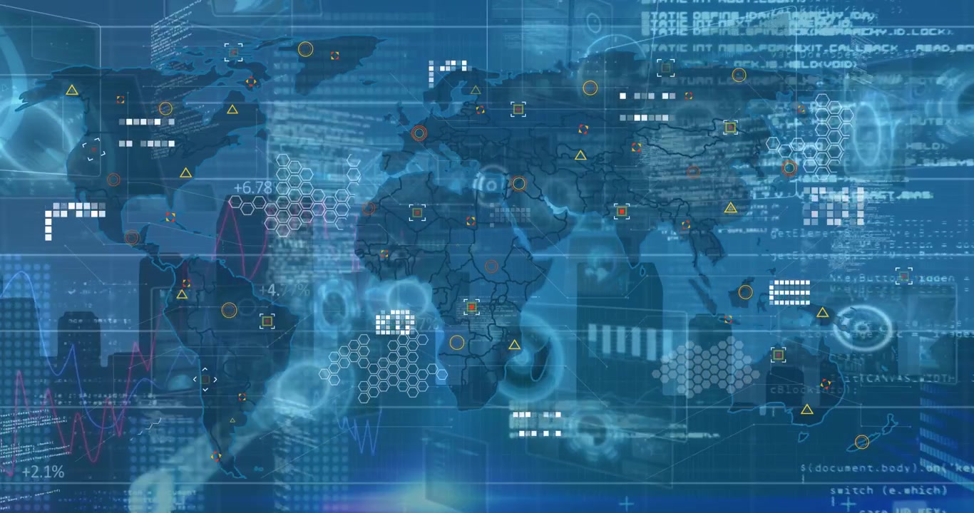 Animation of digital interface and data processing over blue background