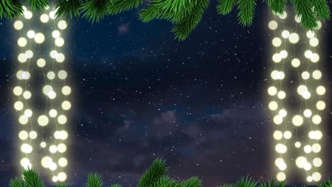 animation of fairy lights, fir tree decoration, snow falling over sky