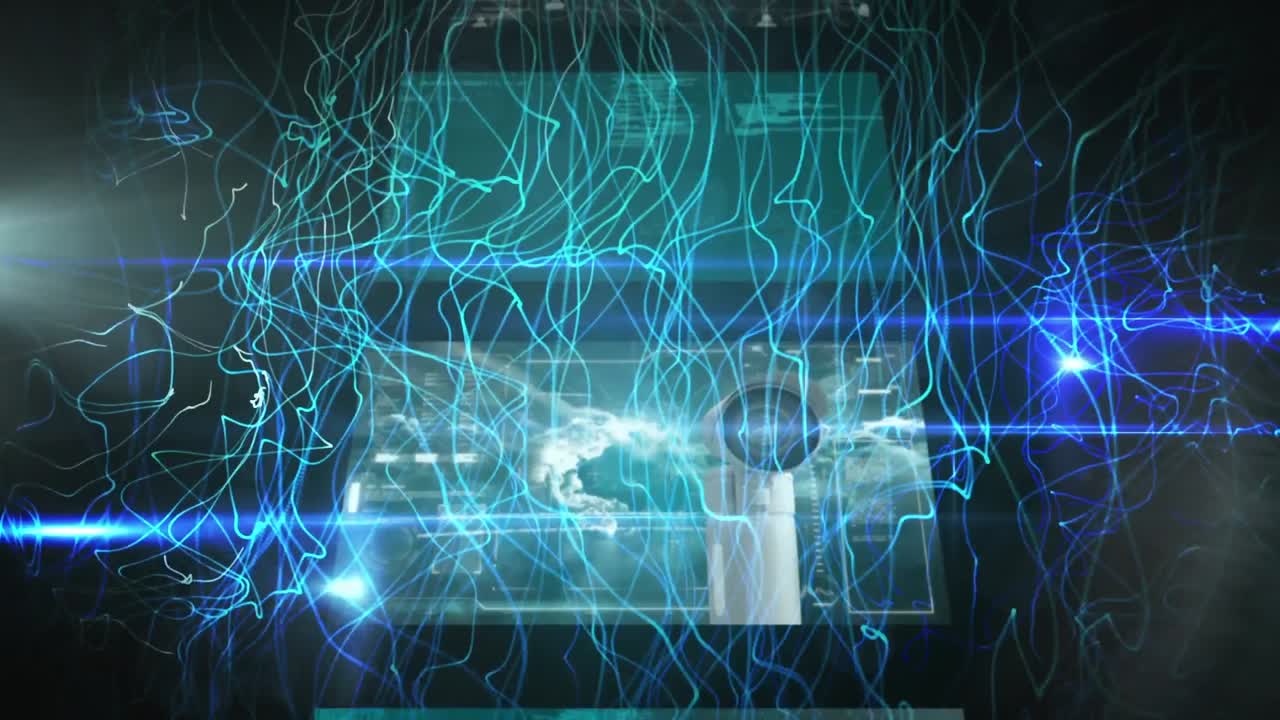 Animation of glowing connections moving over screens with digital data processing