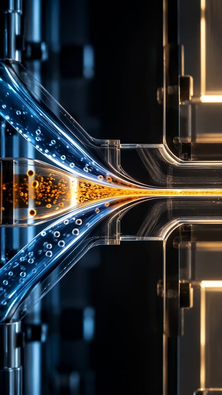 Blue and amber particles travel through clear curved channels and converge at a bright central junction, with glossy reflections, dark surroundings, and balanced symmetrical framing.