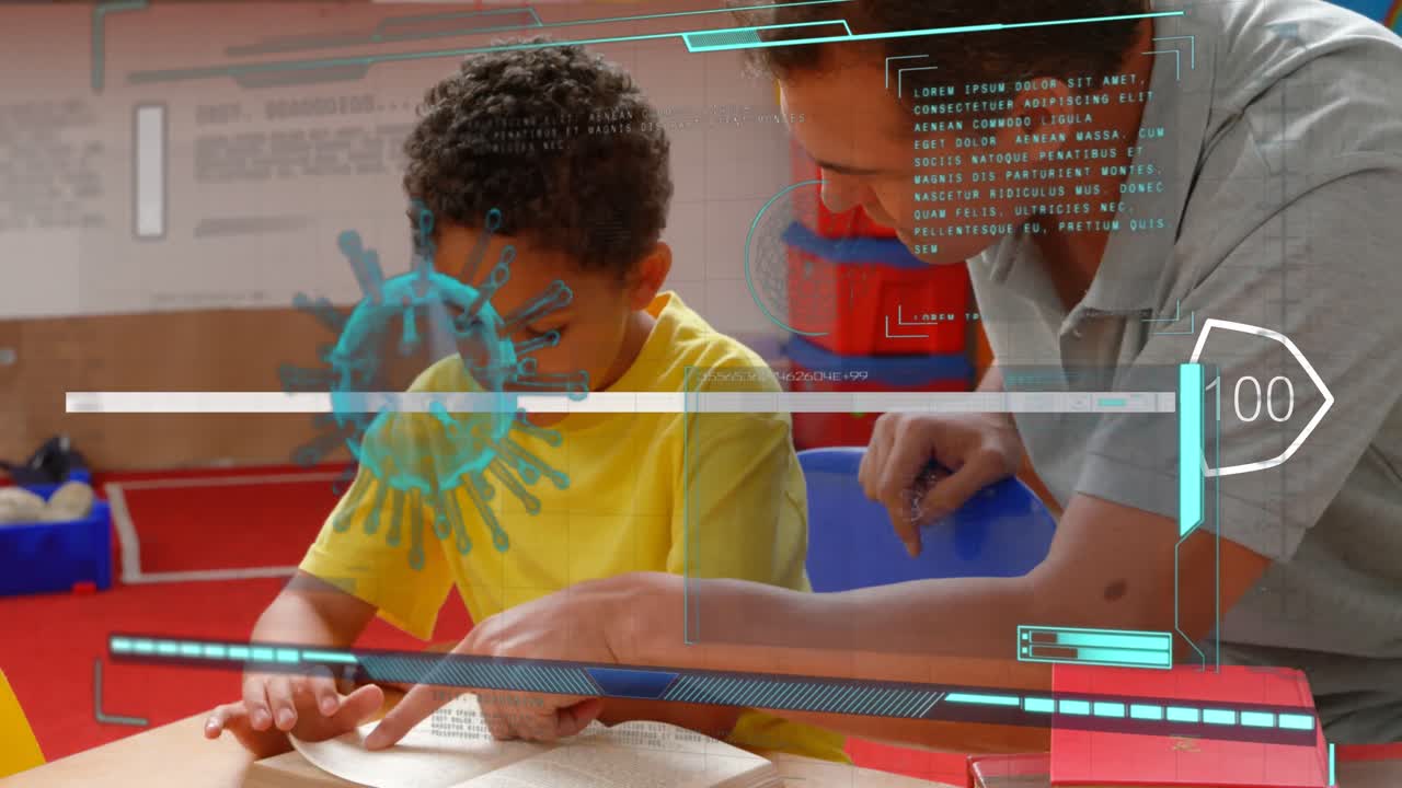 animación de procesamiento de datos sobre escolar afroamericano con el maestro.