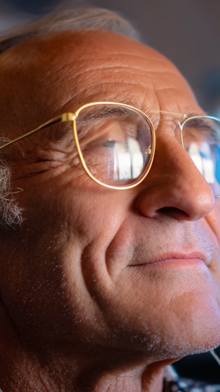 Ritratto Ravvicinato di un Uomo Anziano con Occhiali che Riflettono la Luce, Catturando Emozione e Riflessione in un Momento Pensieroso e Introspettivo