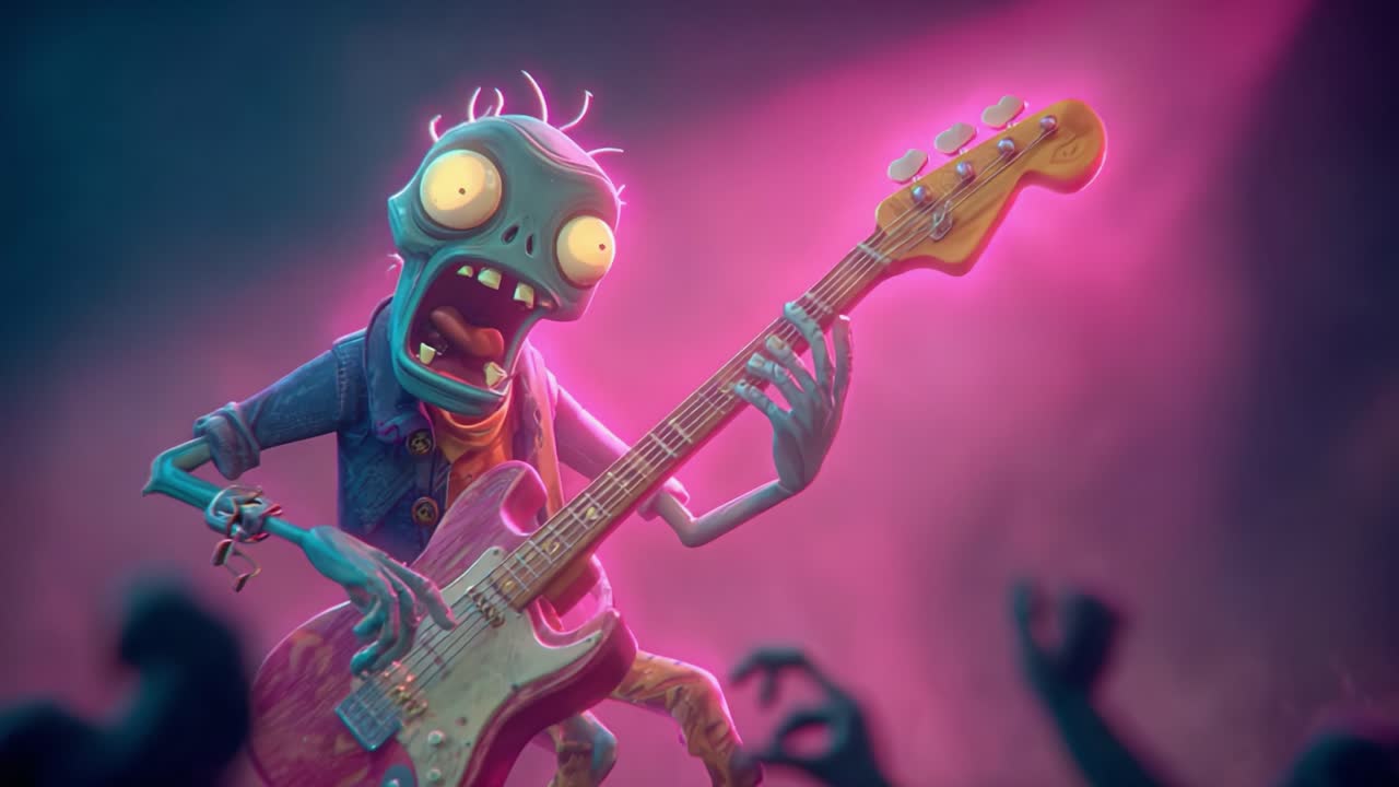 Animated Zombie Rocker Thrills Audience with Eerie Performance While Gripping Electric Guitar Under Pulsating Lights in a Dark Concert Setting
