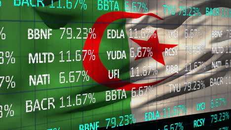 animation of stock market data processing against waving algeria flag