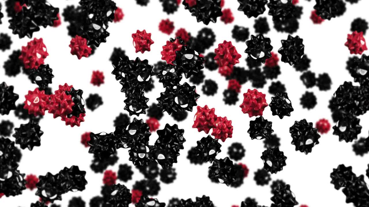 만화 캐릭터에서 많은 바이러스를 날아다니는. 빨간색과 검은색. 새로운 균열. 변종. 의학 개념. 화를 내는 바이러스 마스코트. 3d 루프 애니메이션.