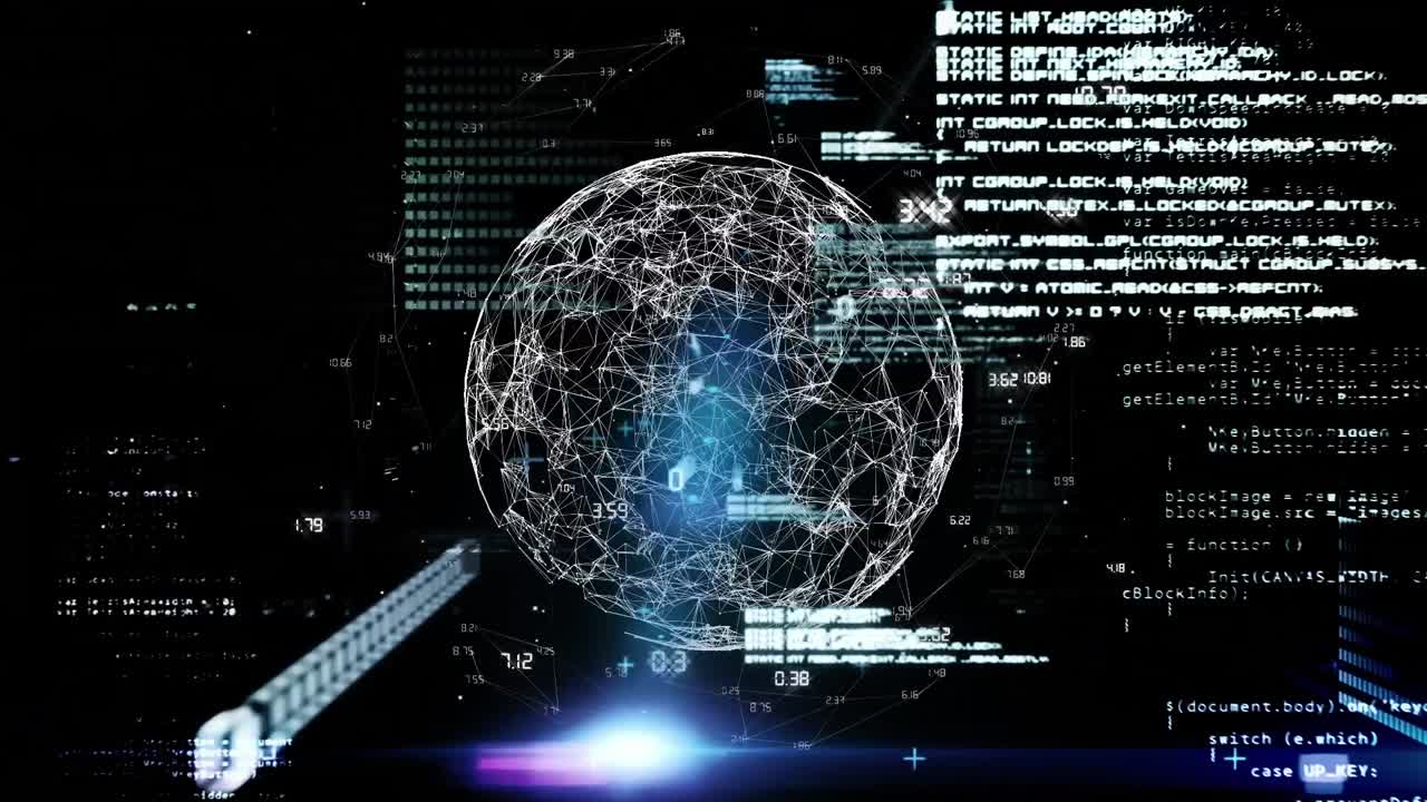 Animation of data processing over spinning globe and blue light spot against black background