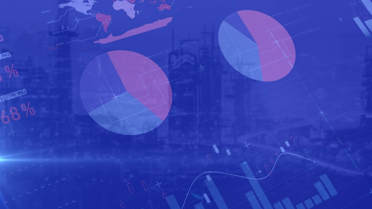 Animation of statistical data processing and blue light spot against aerial view of cityscape