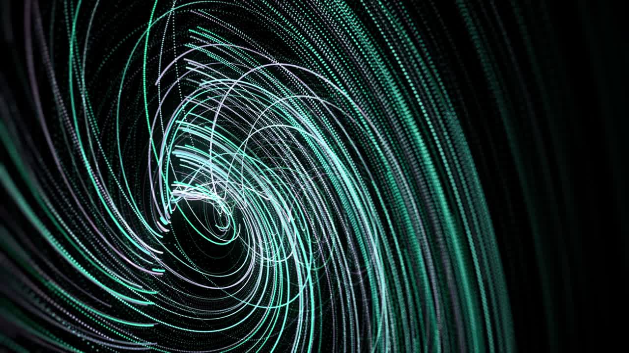 Abstract spiral rotating glowing blue and turquoise lines. Animation. Beautiful whirl with flying bending rays on black background, seamless loop