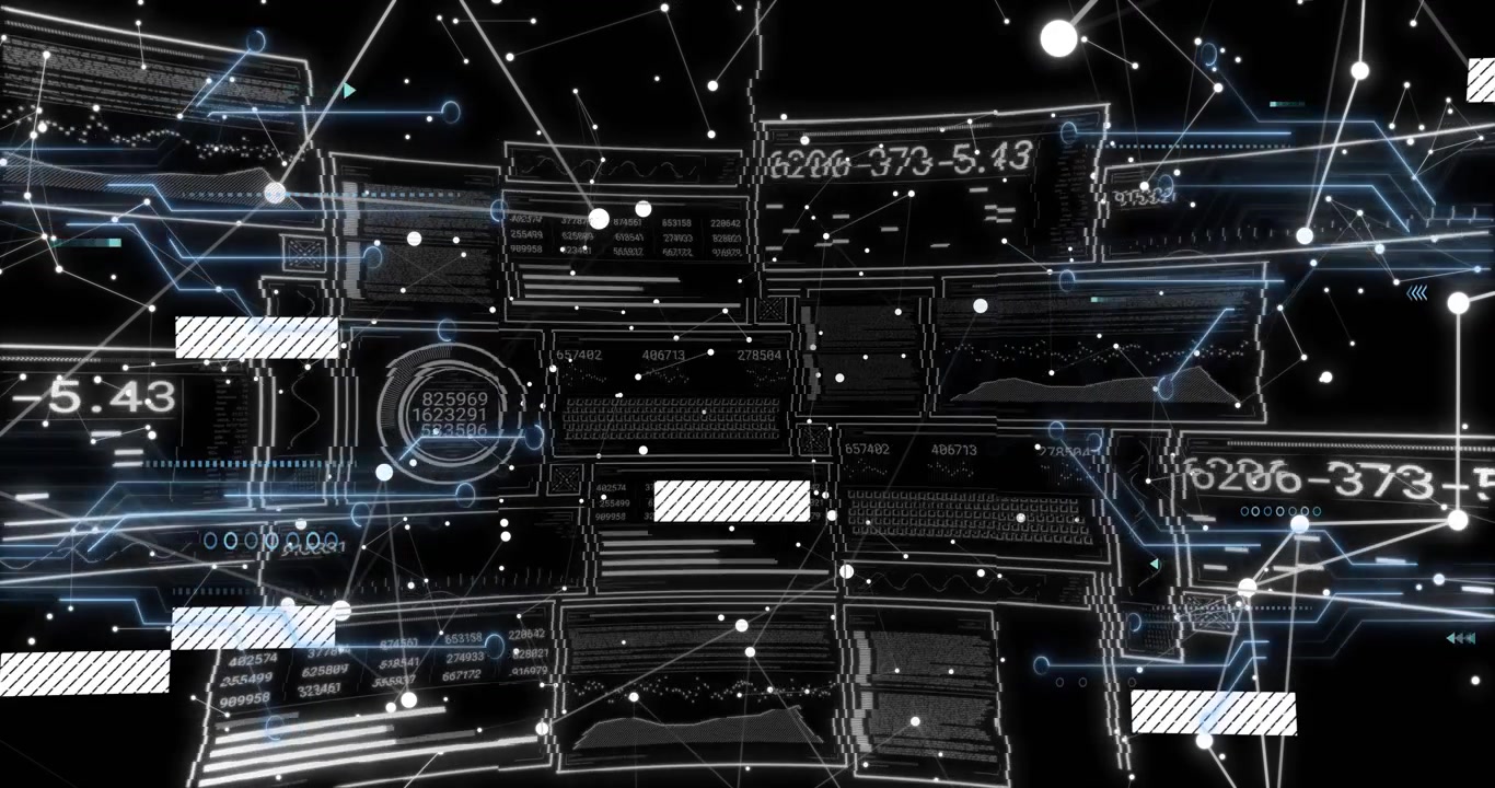Grid appearing on transparent bg, drifting nodes, bars updating codes then retracting wireframe