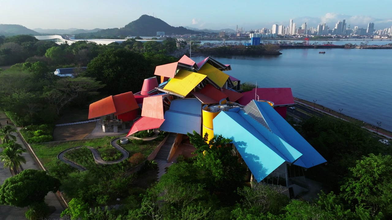 Aerial drone shot of the Biomuseo on the Amador Causeway in Panama during a sunset