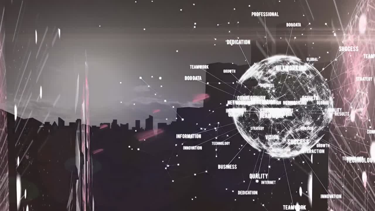 도시 풍경 위의 아이콘으로 연결된 네트워크의 애니메이션