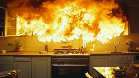 a kitchen with a large fire coming out of the oven