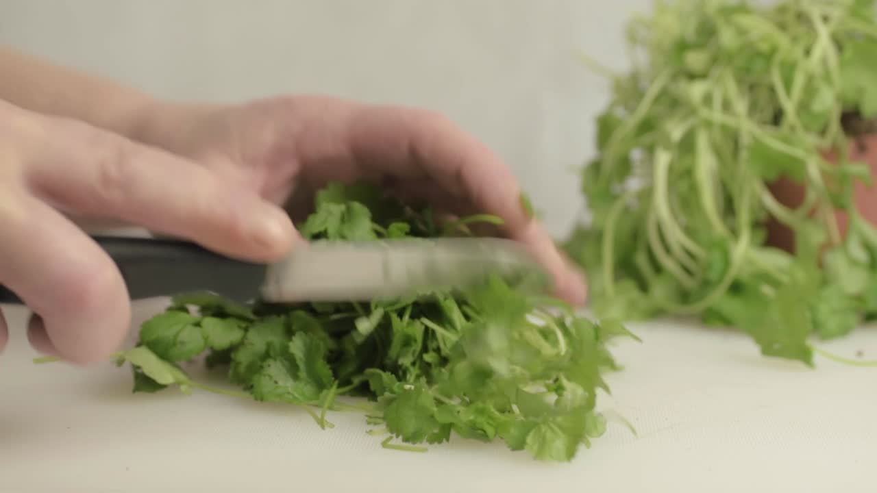 Hands cutting fresh coriander herb in kitchen with knife medium shot