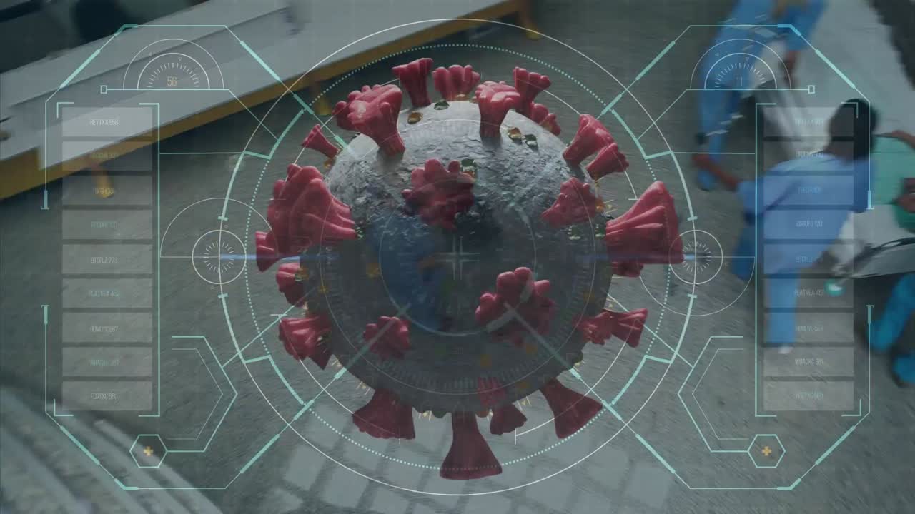 animación de la célula macro covid-19 flotando sobre los médicos que trabajan en un hospital