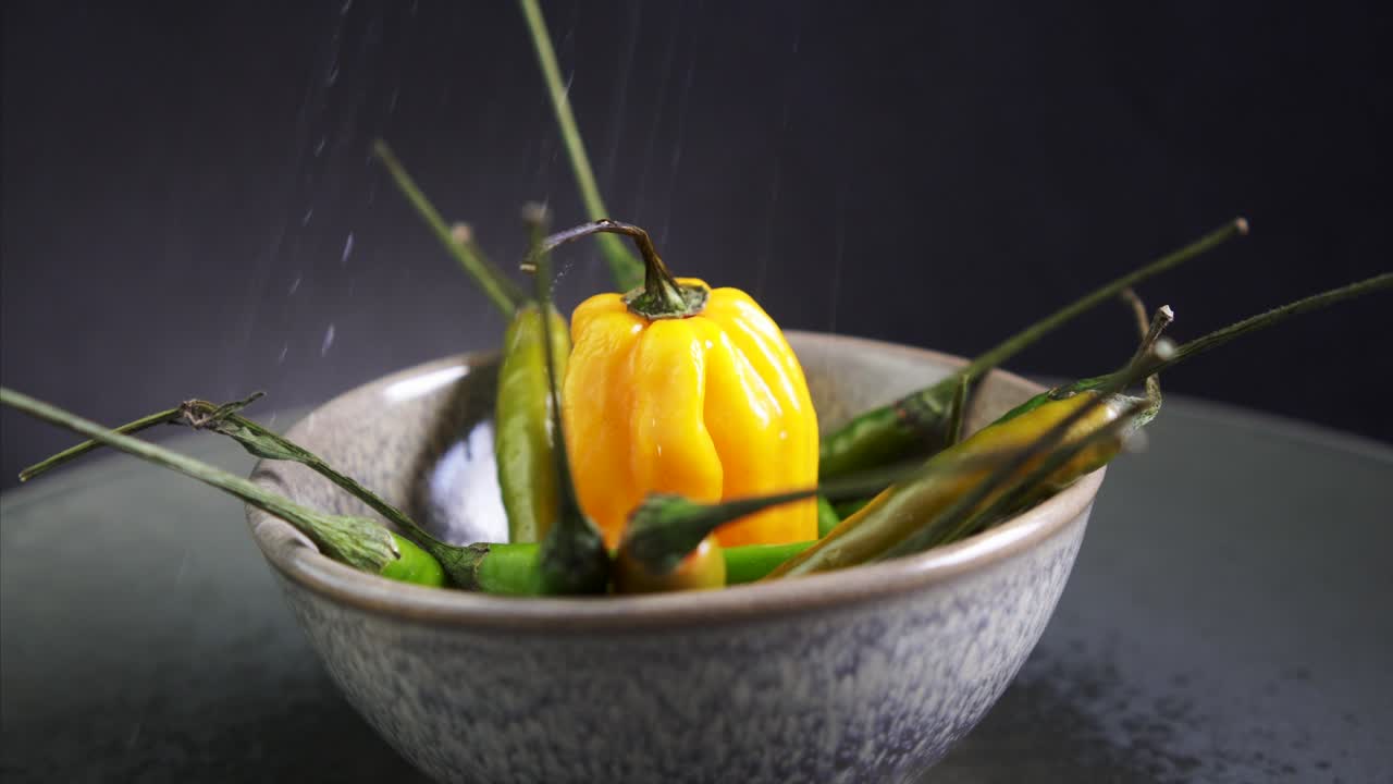 중앙에 신선한 캐롤라이나 수확기와 함께 회전하는 칠리 고추의 클로즈업에 대한 다른 각도