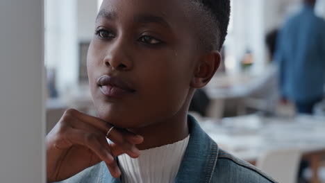 young african american business woman using computer brainstorming problem solving idea looking pensive thinking of solution in office workplace
