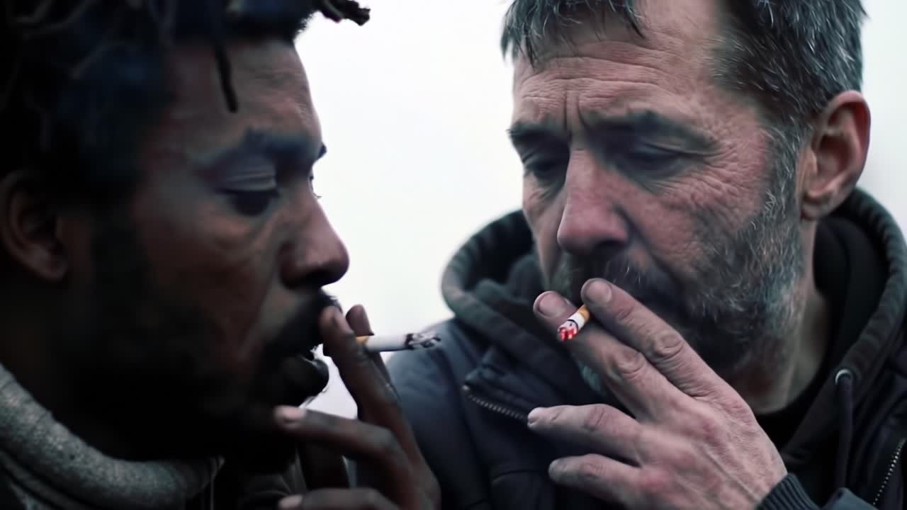 A Candid Moment of Connection: Two Men Share a Smoke, Capturing an Intimate Conversation Amidst Fog and Uncertainty in a Gritty Urban Setting