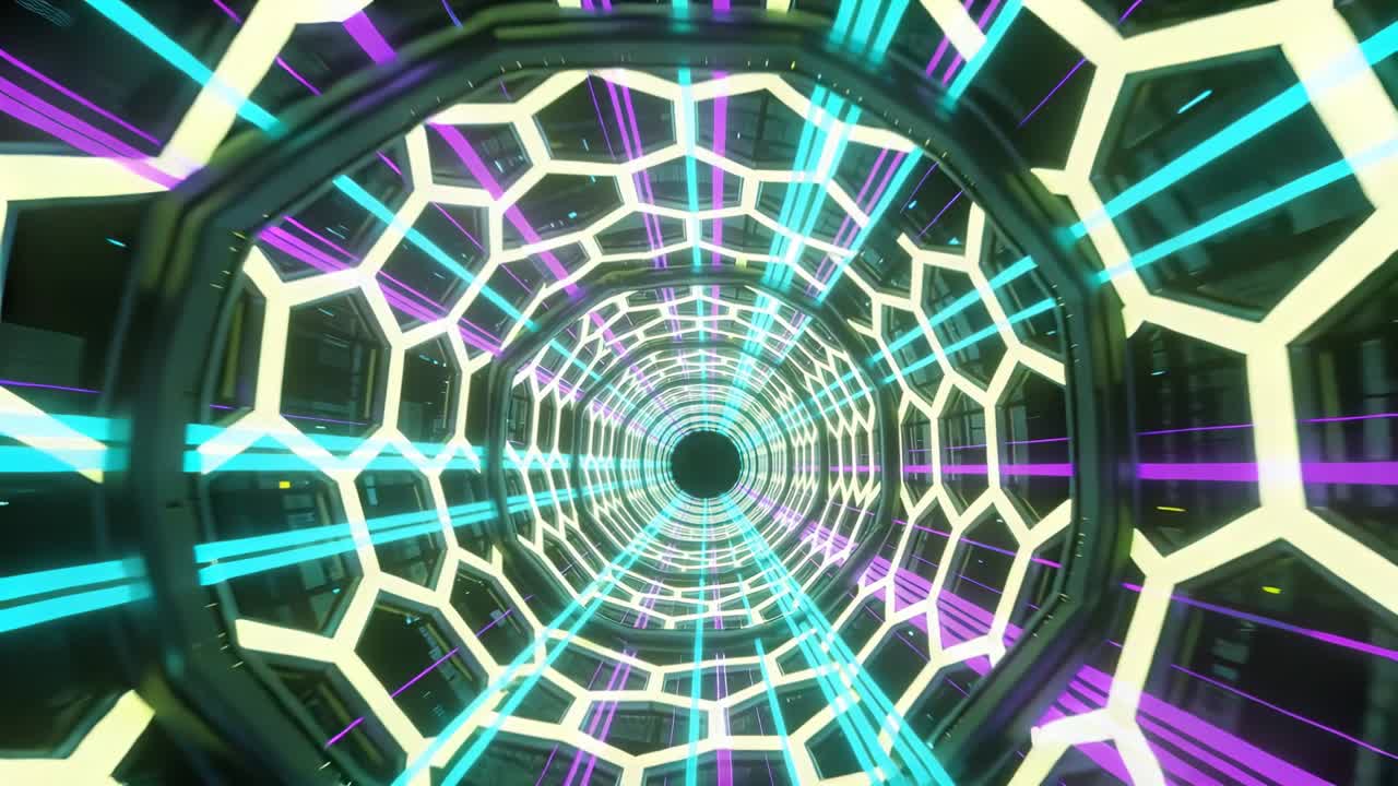 Telecamera in movimento attraverso un tunnel luminoso a nido d'ape, che avanza verso il punto di fuga con scie al neon.