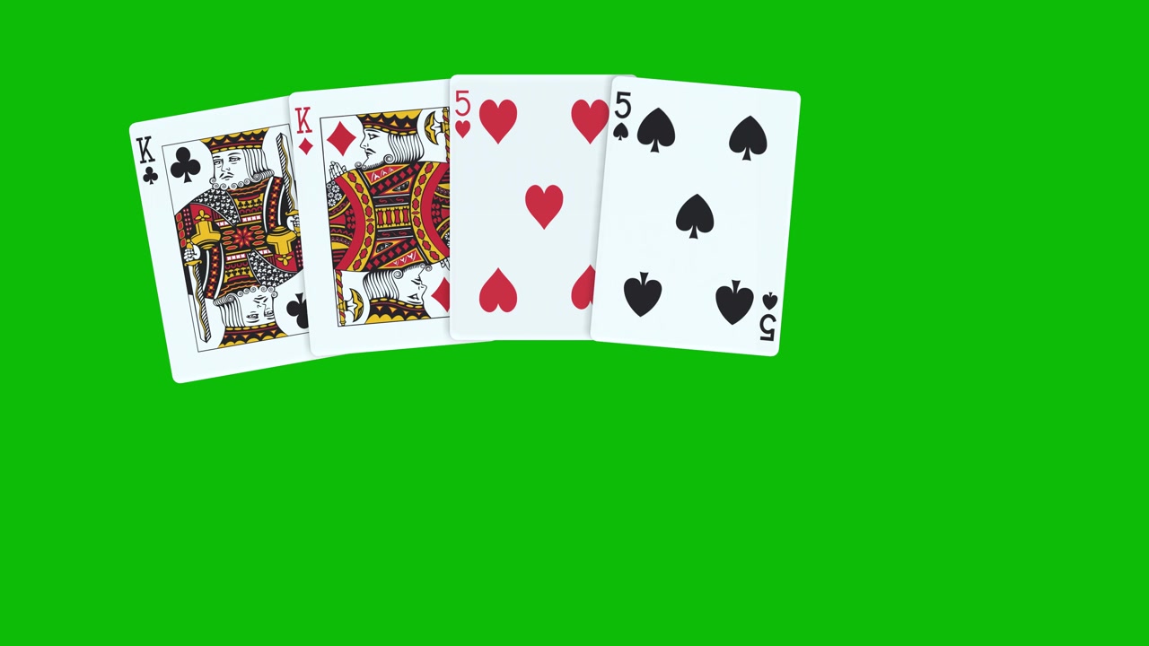 Una mano di poker composta da due coppie con carte lanciate una ad una su animazione 3D su green screen, carte da poker animate, animazione di distribuzione di carte da poker.