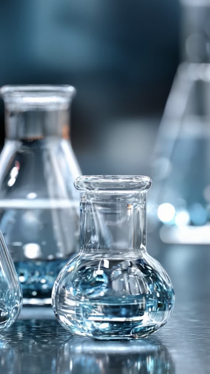 Un'Esplorazione Ravvicinata di Vetreria da Laboratorio Trasparente Contenente Liquido, Evidenziando i Dettagli Intricati delle Attrezzature Chimiche e la Loro Funzionalità