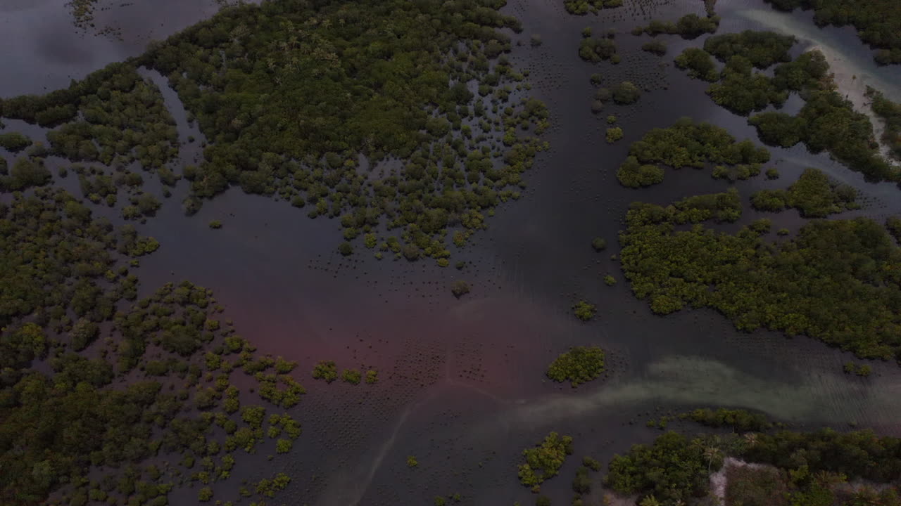 Aerial view of purple colors in the water during sunset on Siargao Island, Philippines.