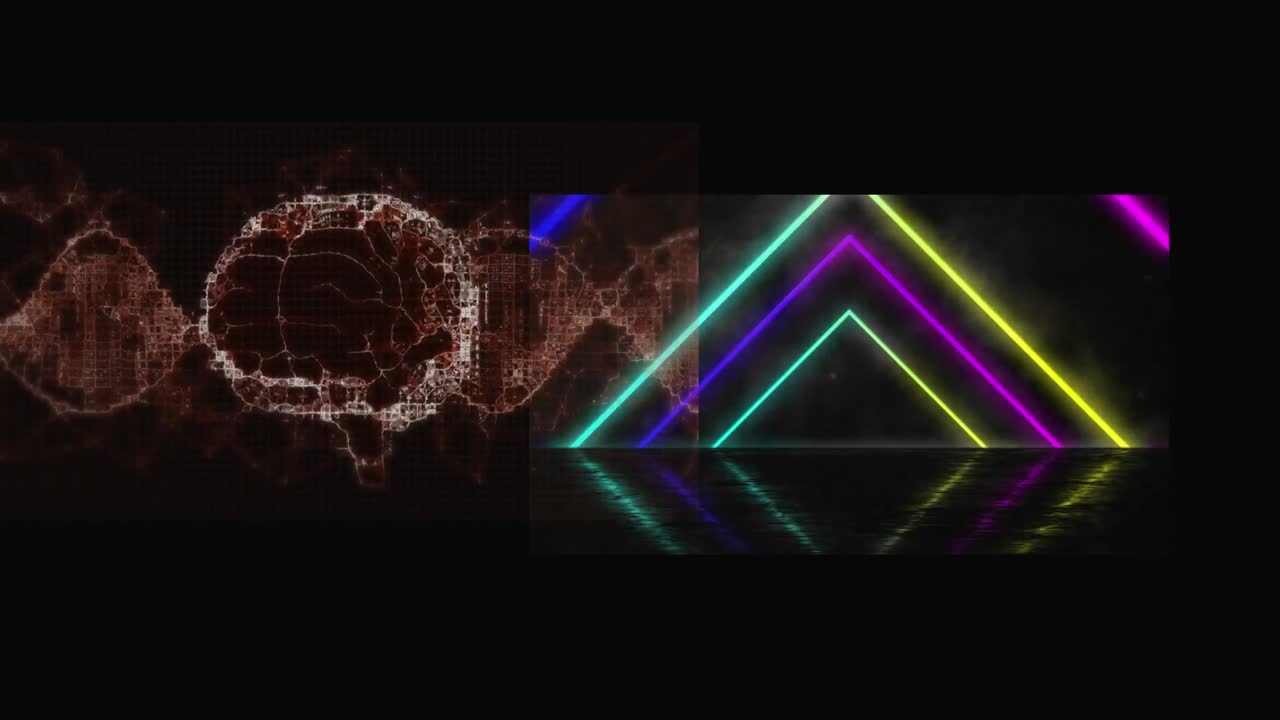 animación de ondas naranjas y triángulos de neón que se mueven sobre un fondo negro