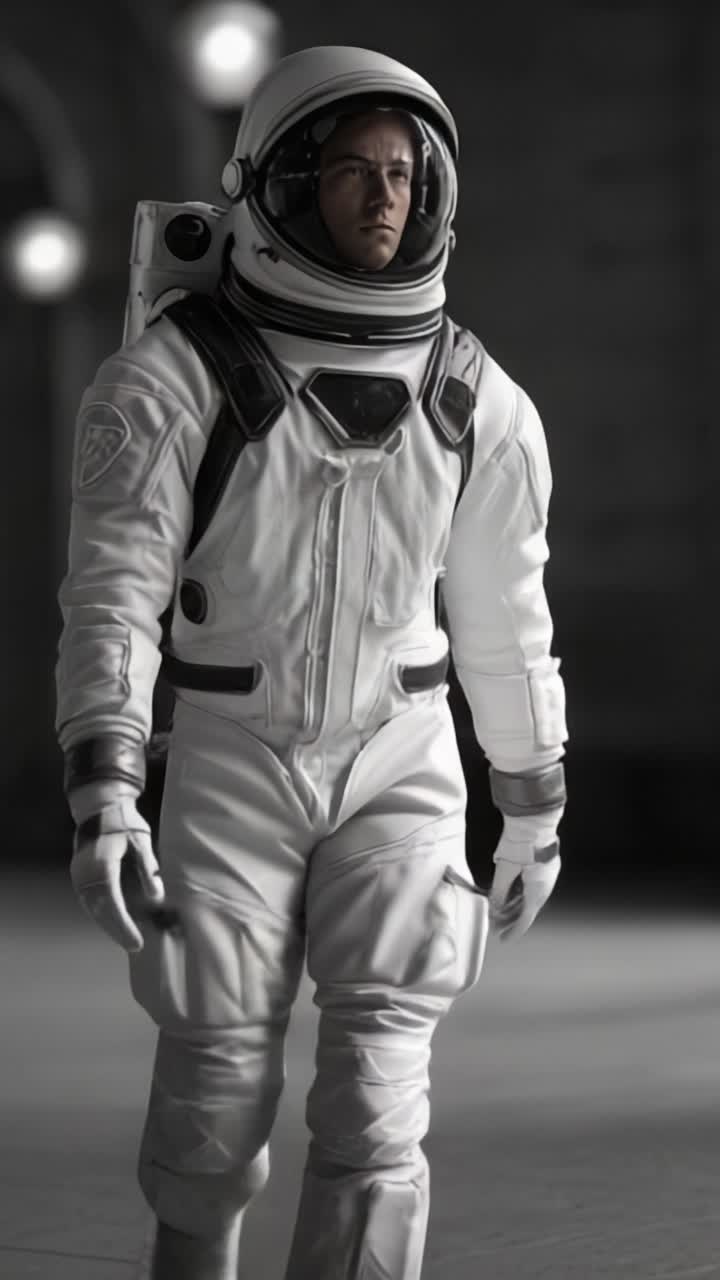 An astronaut in a sleek white space suit walks through a dimly lit environment, showcasing bravery and exploration in the vast cosmos, contemplating the journey ahead