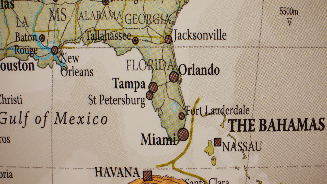 A detailed map showing Florida, the Gulf of Mexico, and the Bahamas