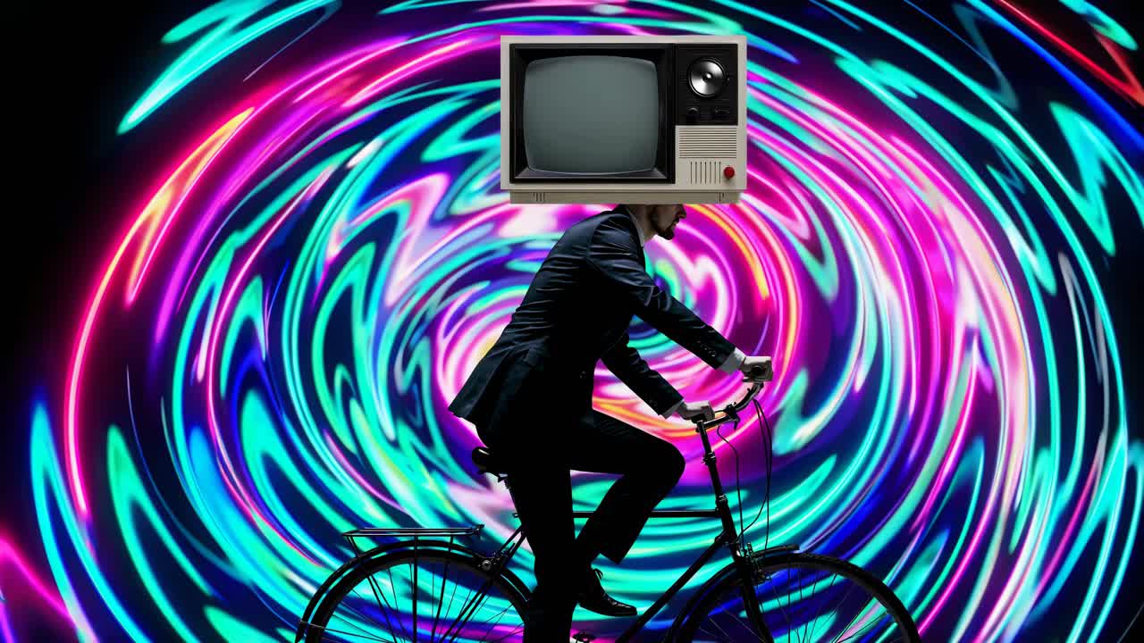 hombre en bicicleta con cabeza de tv retro