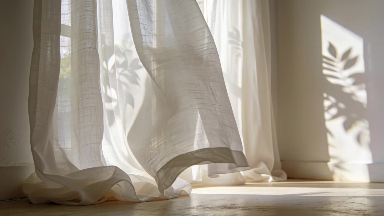 Billowing from light breeze, sheer white curtain shifting at window, revealing floor plant shadow